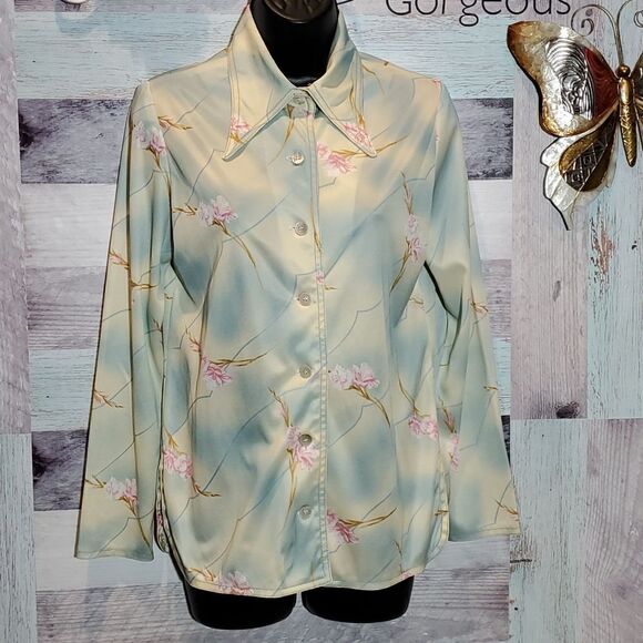 Vintage Tie Dye Floral Print Dagger Collar Blouse Sz M - Picture 6 of 8